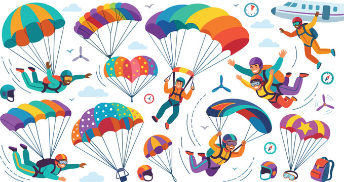 Skydiving Adventure Vector Collection with Parachutes and Extreme Sports Illustrations