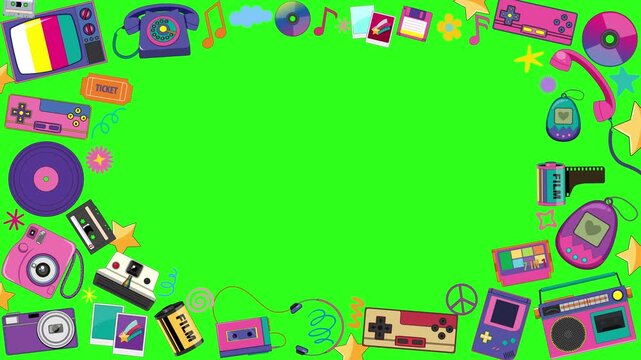 Retro 90s Pop Culture Items Chroma Key Green Screen Frame Animation