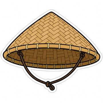 Traditional Asian Conical Woven Straw Hat Vector Illustration, Rice Paddy Farmer Sun Protection Headwear Icon Isolated on White Background with Chin Strap and Sticker Outline