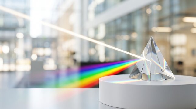 Crystal prism refracting light into a rainbow on a white pedestal with left copy space