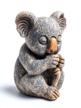 Small Stone Koala Statue Sitting And Sleeping Isolated On A Clean White Background