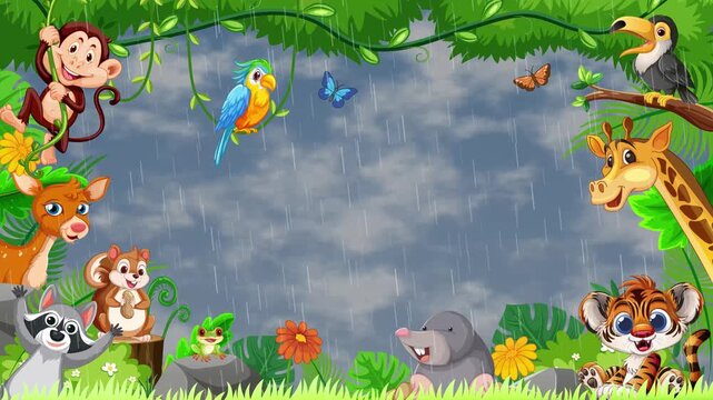 Cartoon Jungle Animals Border Frame with Rainy Sky Background Loop