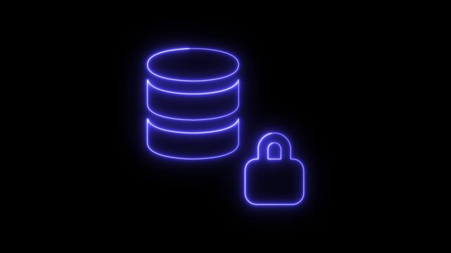 Glowing blue neon database icon with a lock symbol representing secure data storage and information protection