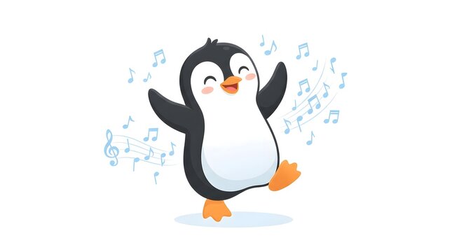 Adorable cartoon penguin cheerfully waving its flippers in a flurry of snowflakes