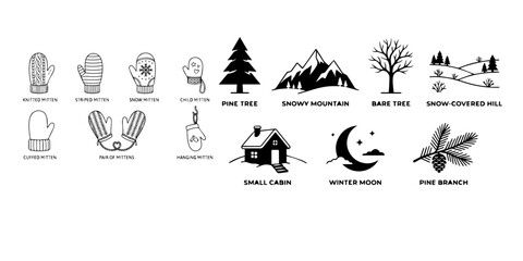 Fototapeta premium Collection of various black and white hand drawn nature and landscape icons isolated on white background