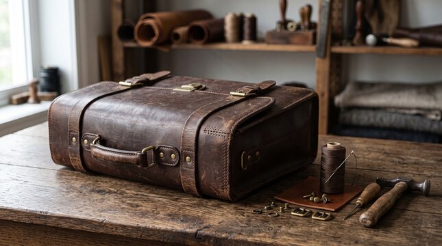 Vintage brown leather briefcase resting on a rustic wooden workbench in a workshop