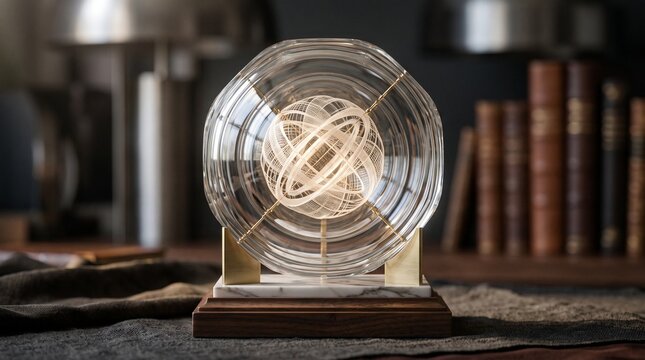 Illuminated glass armillary sphere on a wooden desk in a library setting