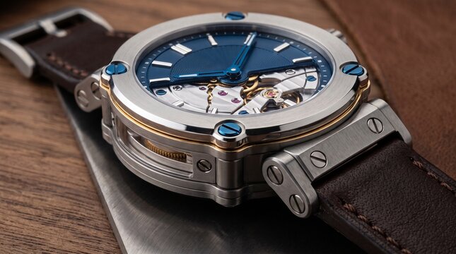 Luxury mechanical wristwatch with blue dial and brown leather strap on wood