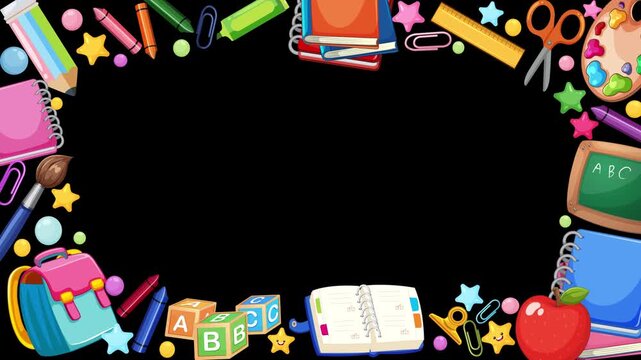 Animated Cartoon School Supplies Frame Border with Blank Black Copy Space