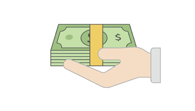 Human hand holding out a thick stack of green dollar bills secured with a yellow band, symbolizing financial transaction.