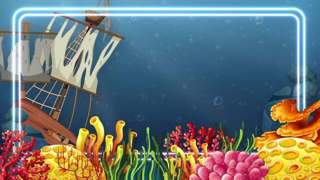 Cartoon Underwater Coral Reef and Sunken Shipwreck Neon Frame Animation