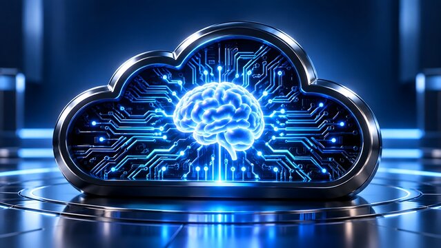 Glowing digital brain inside a metallic cloud computing circuit board symbolizing artificial intelligence machine learning and smart data processing