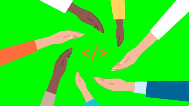 PC language learning. People's hands hold programming icon. Online programing or coding or mobile app or website development course banner design concept. 2d flat animation. Alpha channel