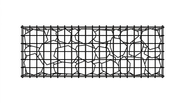 Gabion wall line art illustration with rocks in wire mesh cage