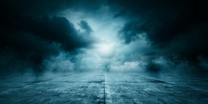 A dark, dramatic landscape featuring a cracked concrete floor under a stormy, cloudy sky with a bright, glowing light source breaking through clouds