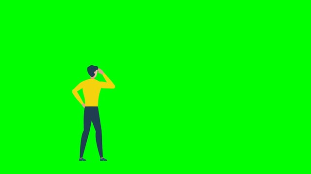 Man in a yellow shirt and dark trousers looking ahead with his hand raised. Adult facing away from the viewer. View from the back. Vision, journey, exploration, future planning. Alpha channel. Video