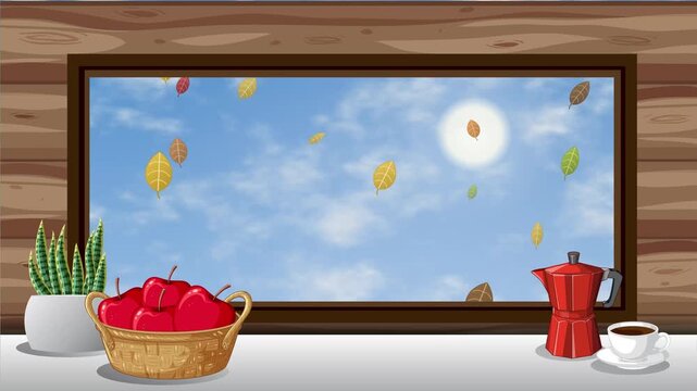 Autumn Window View Animation with Falling Leaves and Cozy Interior