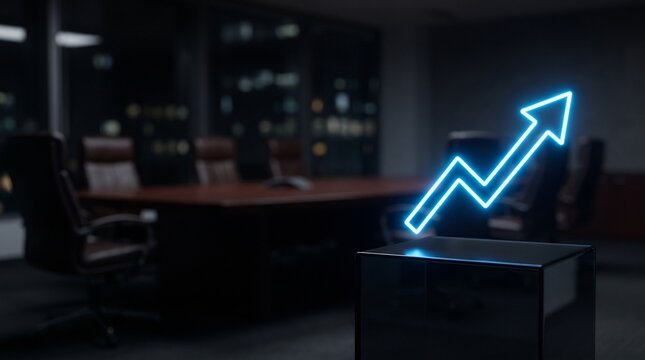 Glowing neon upward trending graph on a dark podium with blurred boardroom and left copy space