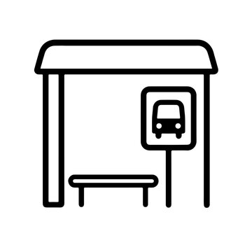 bus stop shelter with bus sign and bench outline icon