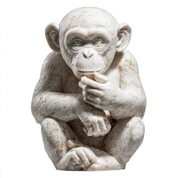 Stone Thinking Chimpanzee Statue With Textured Surface Isolated On White Background