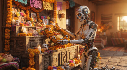 Fototapeta premium Robot honoring Day of the Dead altar with marigolds and photographs