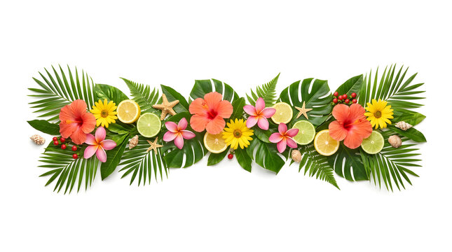 Tropical flower border with palm leaves and citrus, summer floral flat lay banner isolated on white background, exotic hibiscus frame