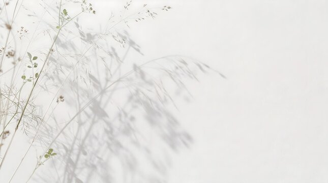 Delicate grass shadows cast across a bright white background, creating a minimalist natural texture with soft botanical patterns.