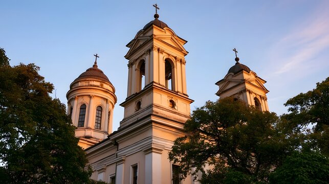 A grand church with three domed towers and crosses  bathed in warm evening light  framed by lush green trees