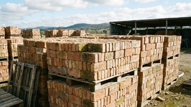 Terracotta bricks stacked neatly on wooden pallets outdoors