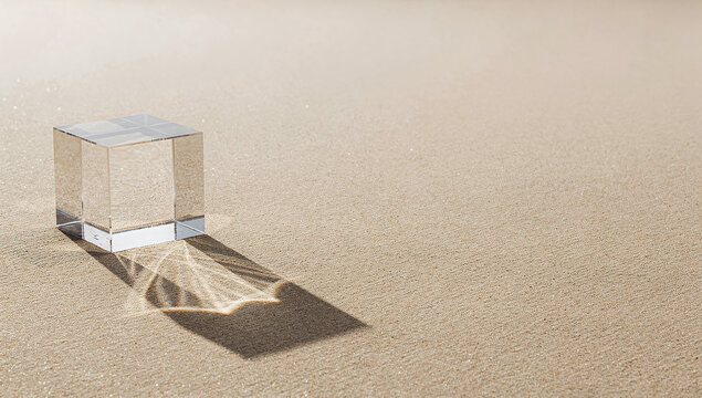 A transparent glass cube on a sand surface casting a caustic light pattern shadow with space for text