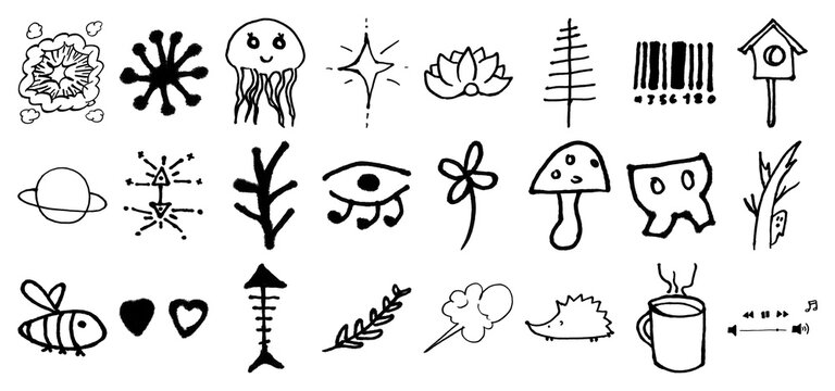 Hand drawn black ink doodle set, cute aesthetic line art icons collection, minimalist graphic tattoo doodles on white background