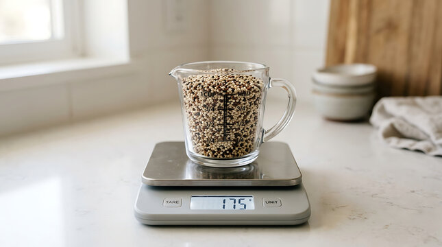 Measuring dry quinoa in a glass measuring cup on a digital kitchen scale