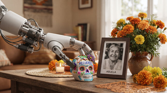 Robot arm decorating sugar skull with flowers for Day of the Dead remembrance
