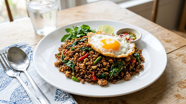 Thai basil chicken stir-fry with a fried egg served on a white plate on a wooden table