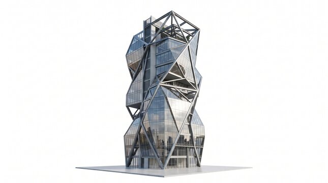 Futuristic modern skyscraper isolated on white background, geometric steel frame architectural building model, parametric high-rise tower exterior