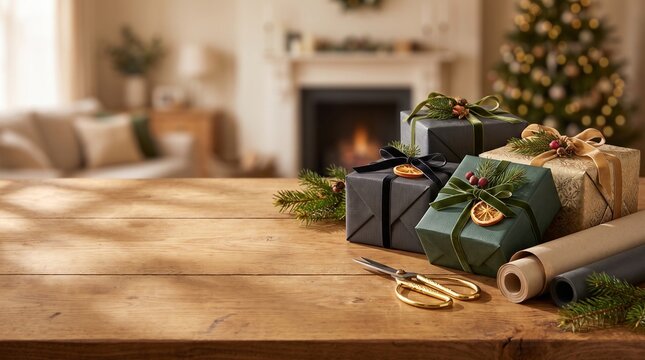 Festive Christmas gifts and wrapping paper on a rustic wooden table with a cozy living room background