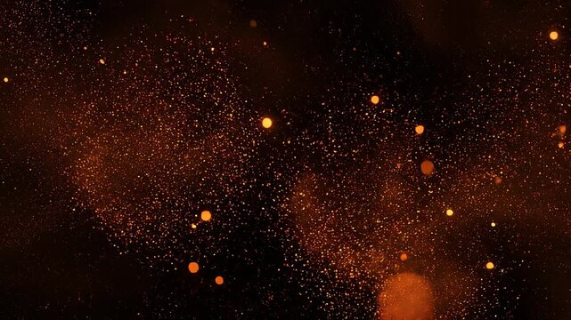 Golden dust particles swirling with glowing orb during a cosmic nebula formation in dark space