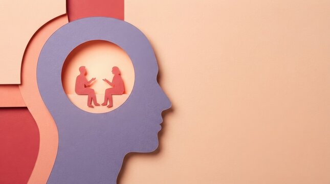 Paper cut human head with two people conversing inside, symbolizing psychological counseling