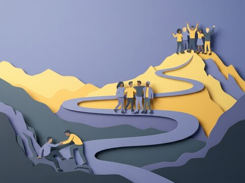 Paper cut style showing a group of people climbing a mountain path with teamwork and support