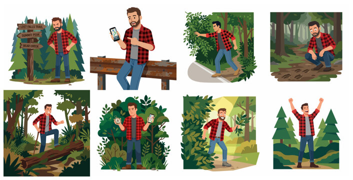 Set of illustrations depicting a male hiker navigating through a forest, getting lost, using a GPS map and compass, and finding his way.