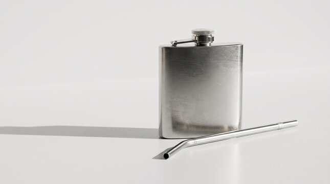 Stainless steel hip flask and reusable straw on a clean white surface
