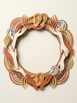 Paper cut wreath with hands and ears symbolizing active listening and mental health support