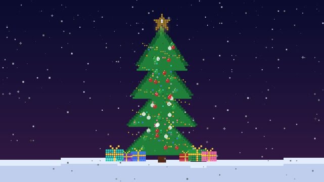 Pixel art Christmas tree with twinkling colorful lights, ornaments and a glowing star on top, 8 bit holiday animation loop