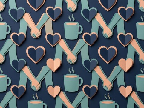 Seamless pattern with hands holding, hearts, and coffee cups symbolizing community support