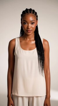 Beautiful young Black woman with cornrows hairstyle posing in studio setup.