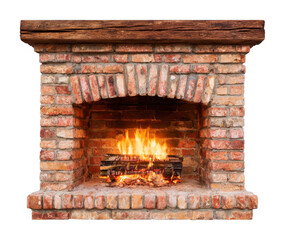 Obraz premium PNG Rustic brick fireplace with glowing flames and wooden mantel