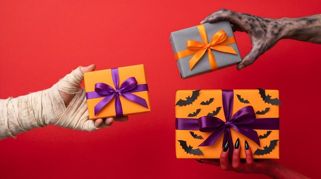 Halloween hands holding gift boxes on red background