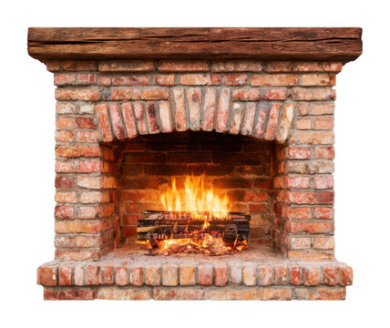 PNG Rustic brick fireplace with glowing flames and wooden mantel
