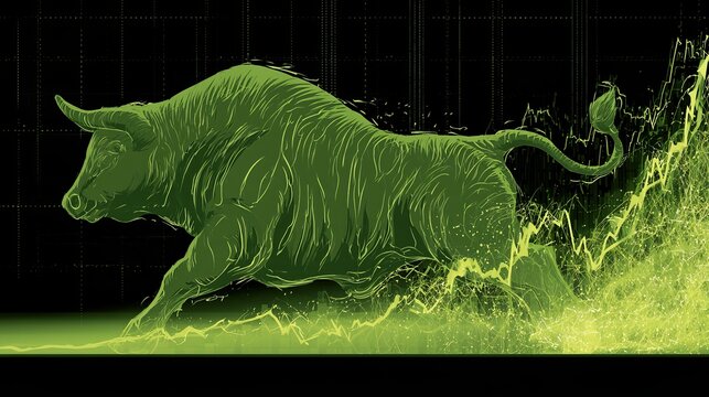 Charging bull silhouette against a grid background, symbolizes financial growth, strength, and a bullish market trend concept