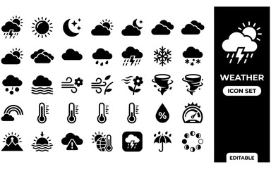 Fototapeta premium Weather forecast and meteorological symbols collection in black solid design for climate apps and environmental reports.